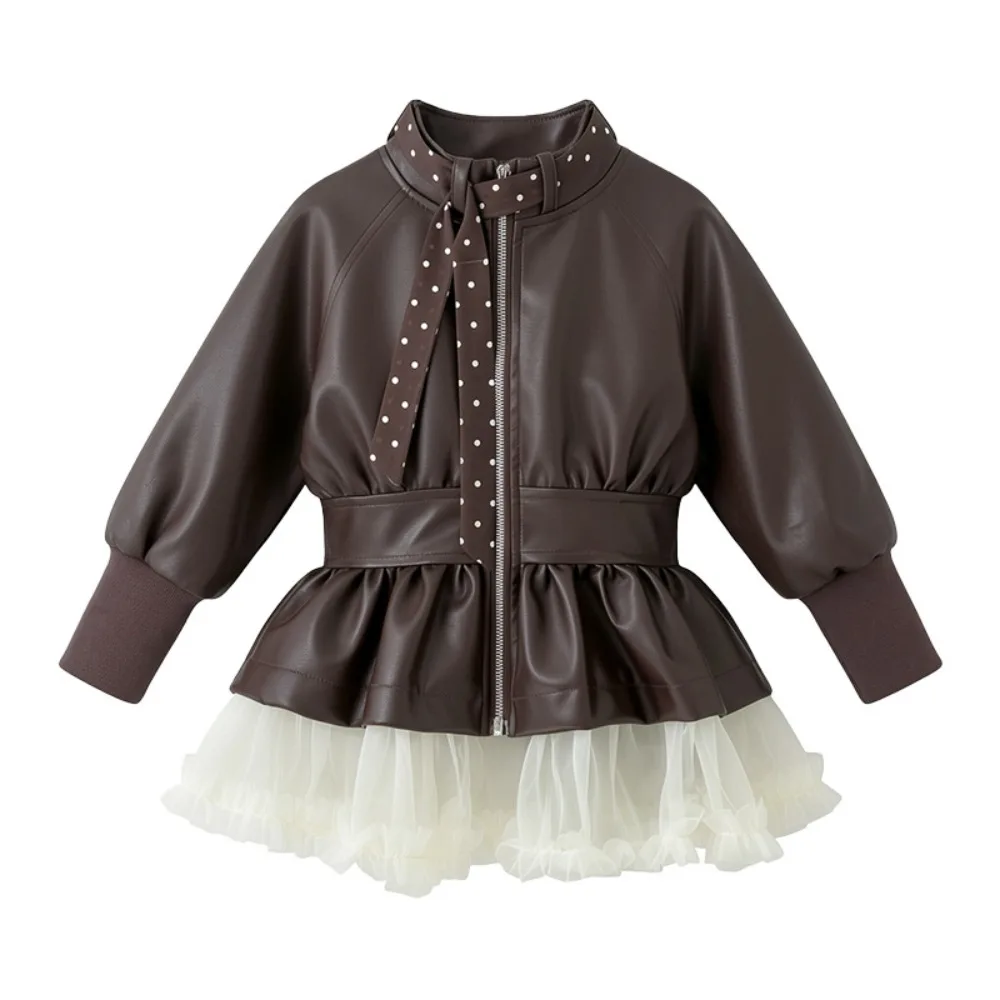 Girls Faux Leather Jacket 2026 New Spring Autumn, Stylish Baby Girl Waist Mesh Coat, Kids Warm Fall Fashion Outerwear
