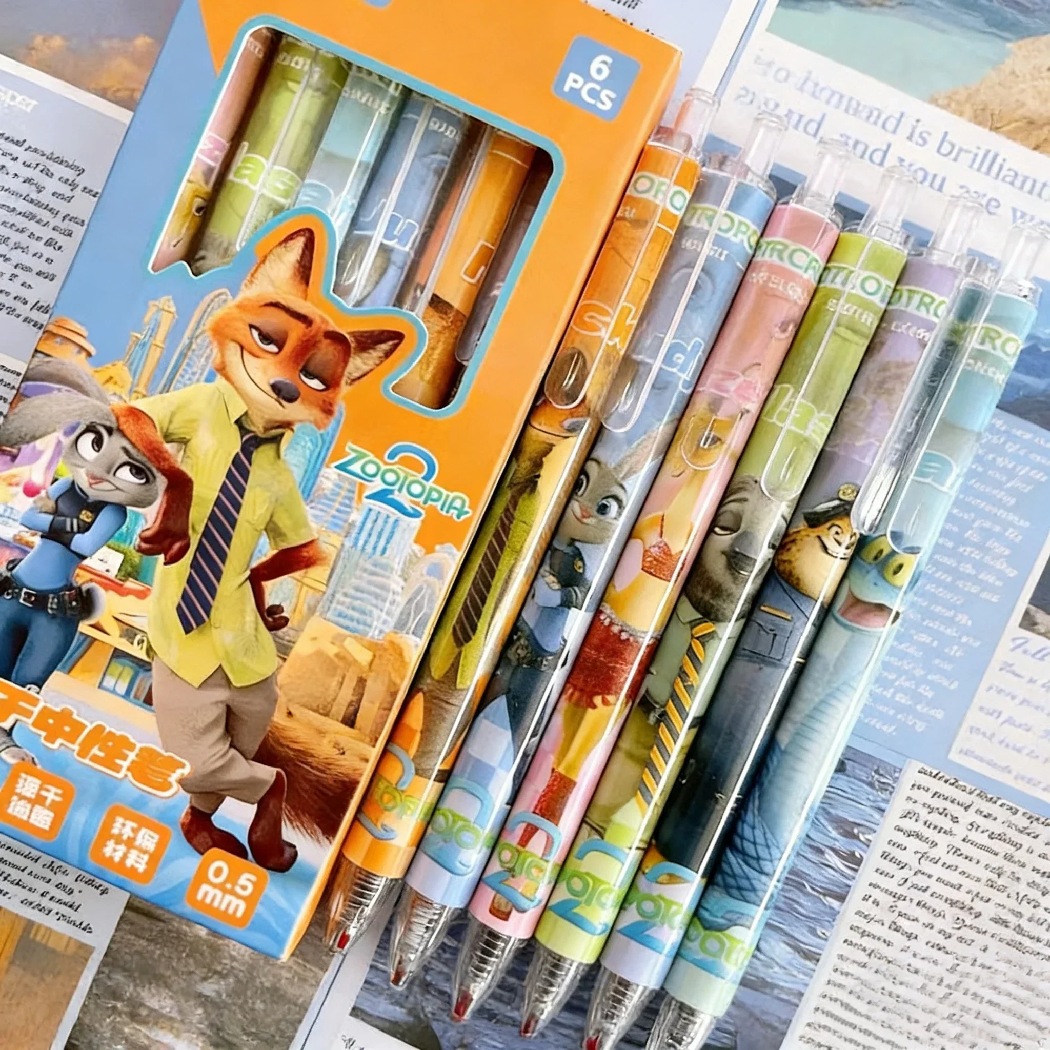 6-Piece Zootopia Nick & Judy Retractable Gel Pens Set - Fine Nib Quick-Drying Black Ink Stationery for Study Writing.