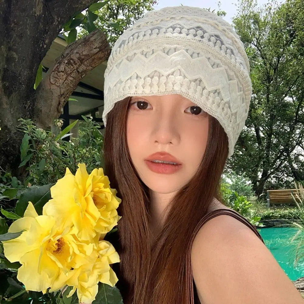 

Sweet Hollow Lace Hat Breathable Thin Knitted Hat Spicy Girl Korean Style Beanies Hat Spring and Summer