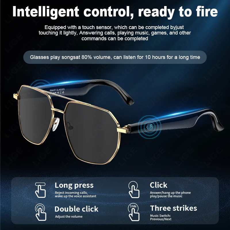 LIGE Smart Glasses Bluetooth Call Smart Translation AI Glasses Music Playback Voice Assistant  UV Protection Sunglasses For Men