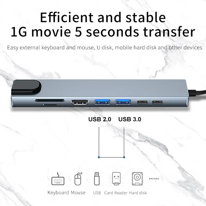 8 in 1 USB C Hub 4K HDMI Adapter with TF SD Card Reader RJ45 Fast Charge PD for MacBook Laptop TV HDTV - Aluminum Alloy