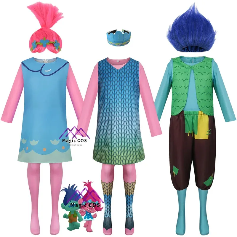 

Anime Cosplay Costume Boys Trollls Branch Party Essential Girls Poppy Dress Halloween Carniva Outfits Wig Suit for Kids Adult