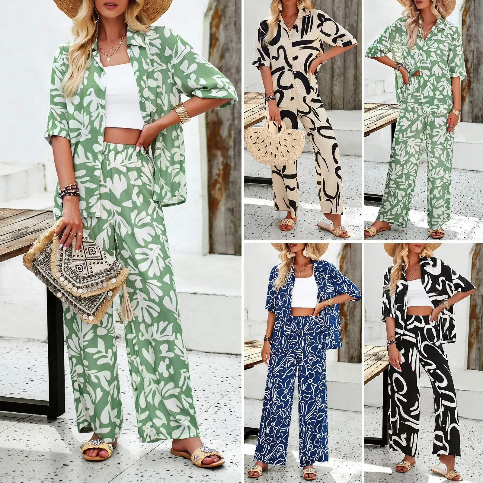 YJKDYK Summer Women 2 Piece Set Outfit Full Printed Women's Short Sleeve T-shirt Casual Loose Lady's Pants Women's Trousers Sets