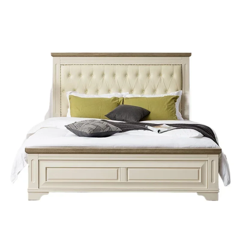 American rural retro solid wood light luxury master bedroom double bed modern simple white carved retro storage princess bed