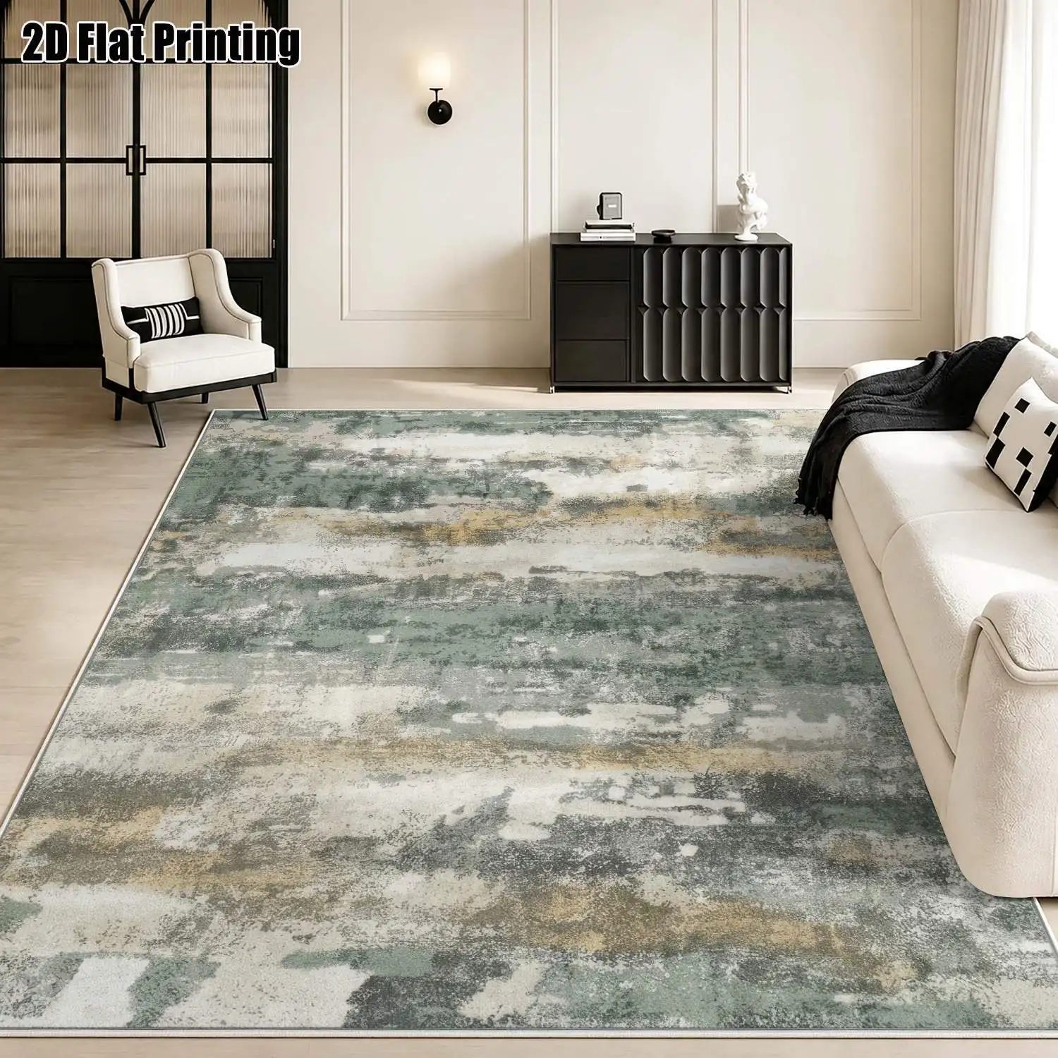 1Pc 2D Printed Velvet Carpet, Gray-Green-Yellow Abstract Art Nordic Instagram Style Floor Mat, Machine Washable Multi-Size Home Decor Rug