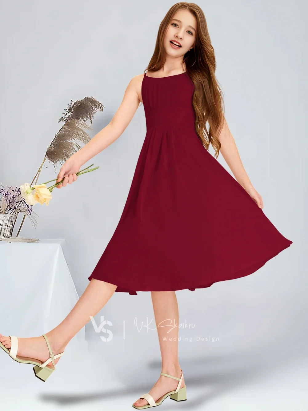 A-line Scoop Knee-Length Chiffon Junior Bridesmaid Dress Celadon Flower Girl Dress Wedding Party Communion Dresses For Teens