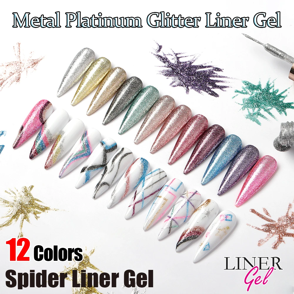 Vendeeni 12 Colors Glitter Metal Platinum Liner Gel Nail Polish Graffiti Stripe French Nails Gel Varnish UV Painting Spider Gel