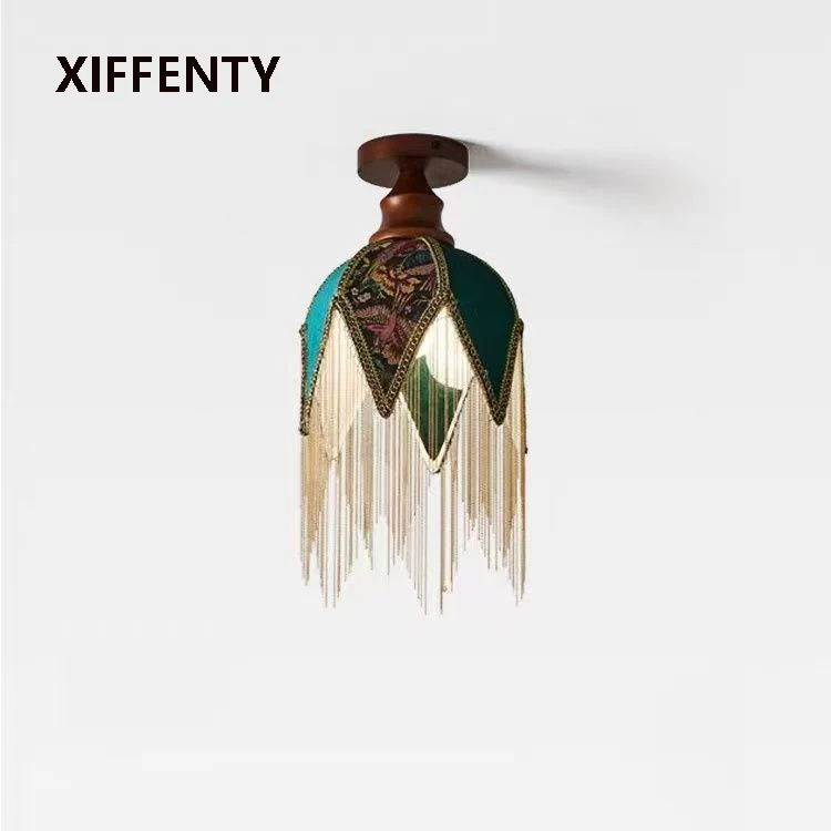 Wooden Tassel Fabric Ceiling Lamp Retro Living Room Bedroom Lamp Homestay Corridor Ceiling Light