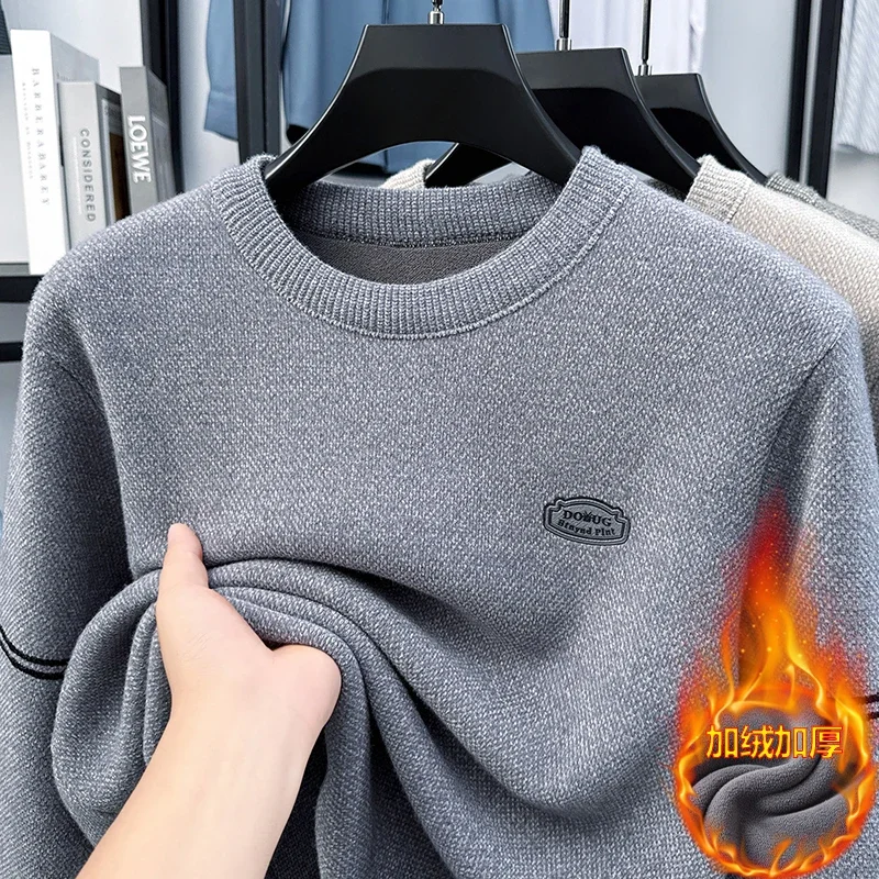 

2025Winter Men's Round Neck Sweater, Warm One-piece Velvet Solid Color Hoodie, Knitted Sweater with Thick Velvet Top for Men