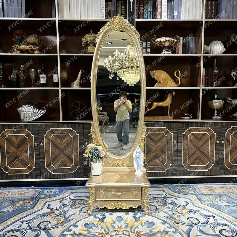 

Hh2cc solid wood full-length mirror,carved bedroom with full-body floor mirror with drawers