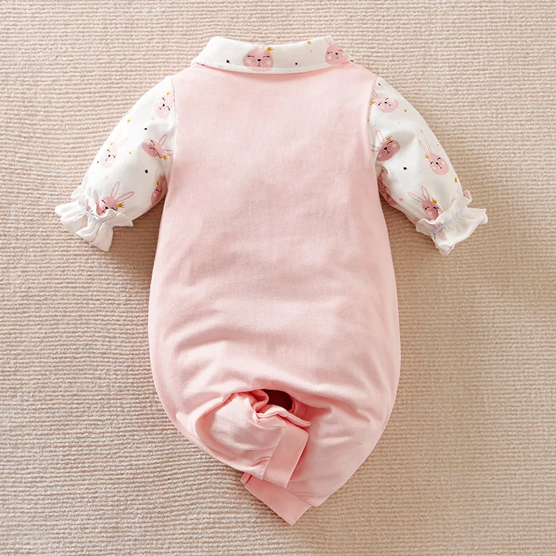 Spring and Autumn New Fashion Baby Bodysuit Newborn Girl Baby Cute Rabbit Fake Two Bowtie Long Sleeve Pure Cotton