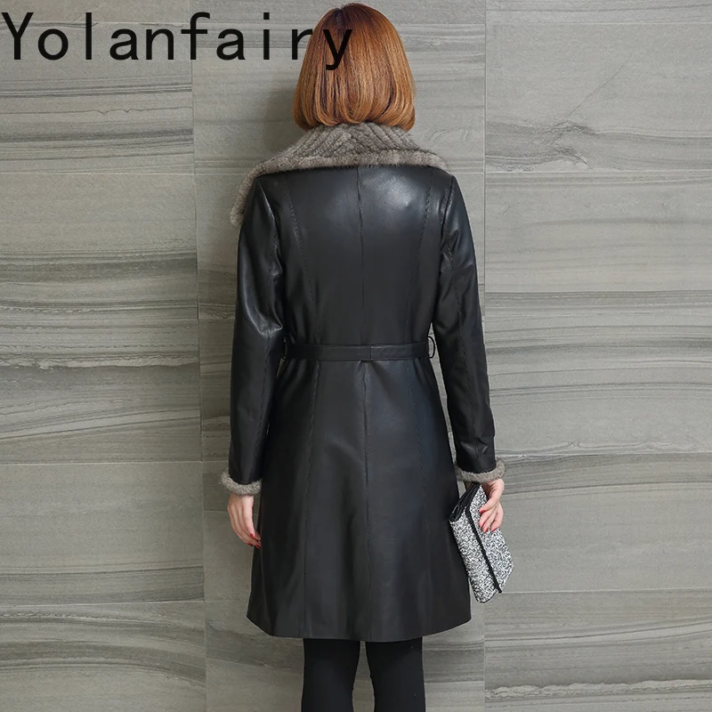 YOLANFAIRY Real Sheepskin Genuine Leather Jacket Women Autumn Winter Luxury Mink Fur Liner Coat Woman Mid-long Trench Fur Coats