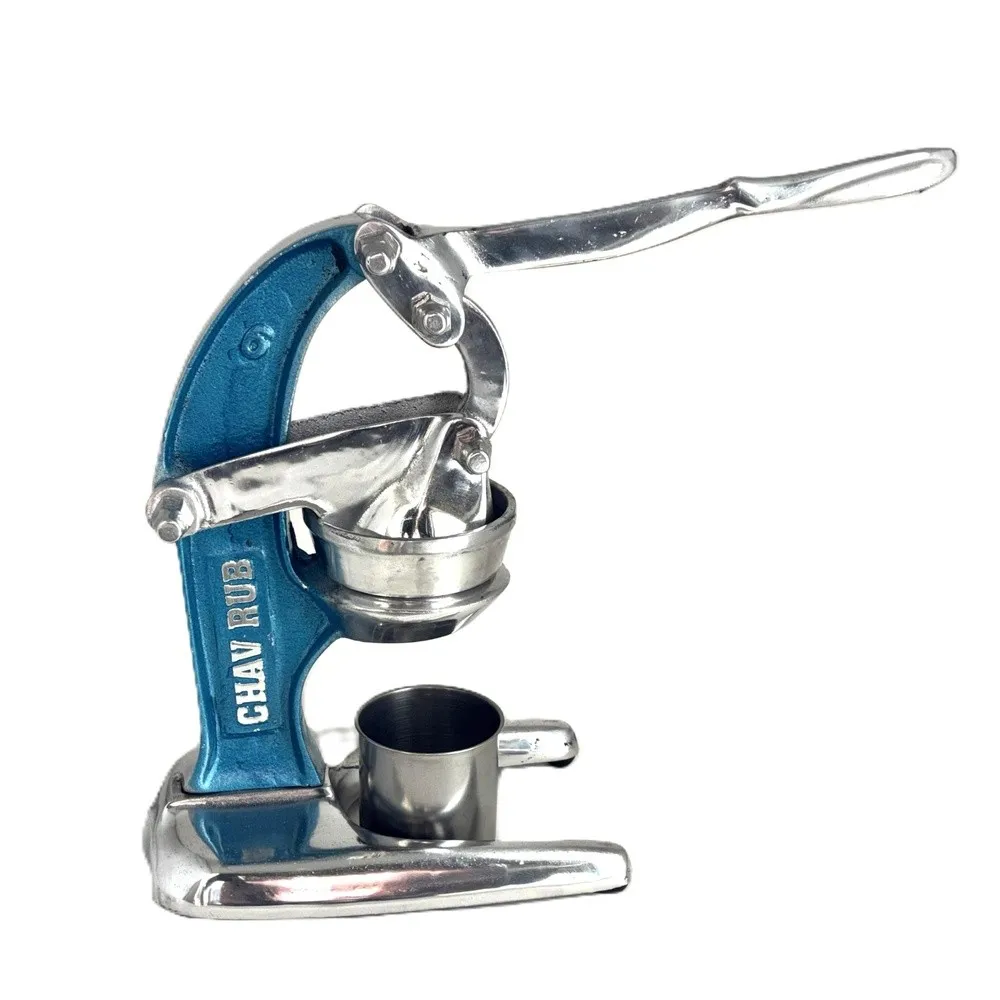 CHAV RUB Industrial Manual Citrus Juicer Blue and Silver Metal and Chrome Finish Lever Press Squeezer Stainless Steel