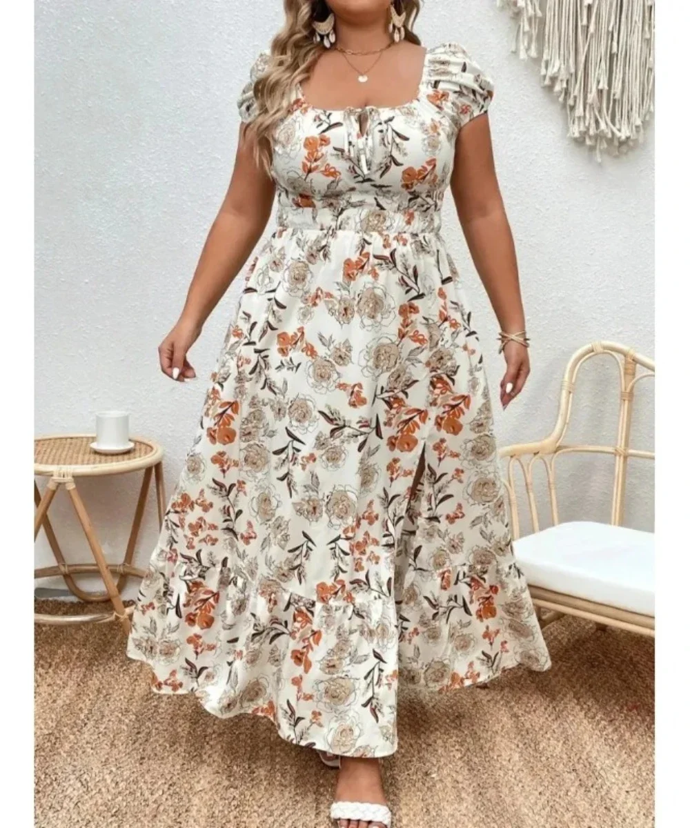 Women\'s 1-5XL Plus Size Suitable for outdoor white flower casual skirt large size women print loose summer dress