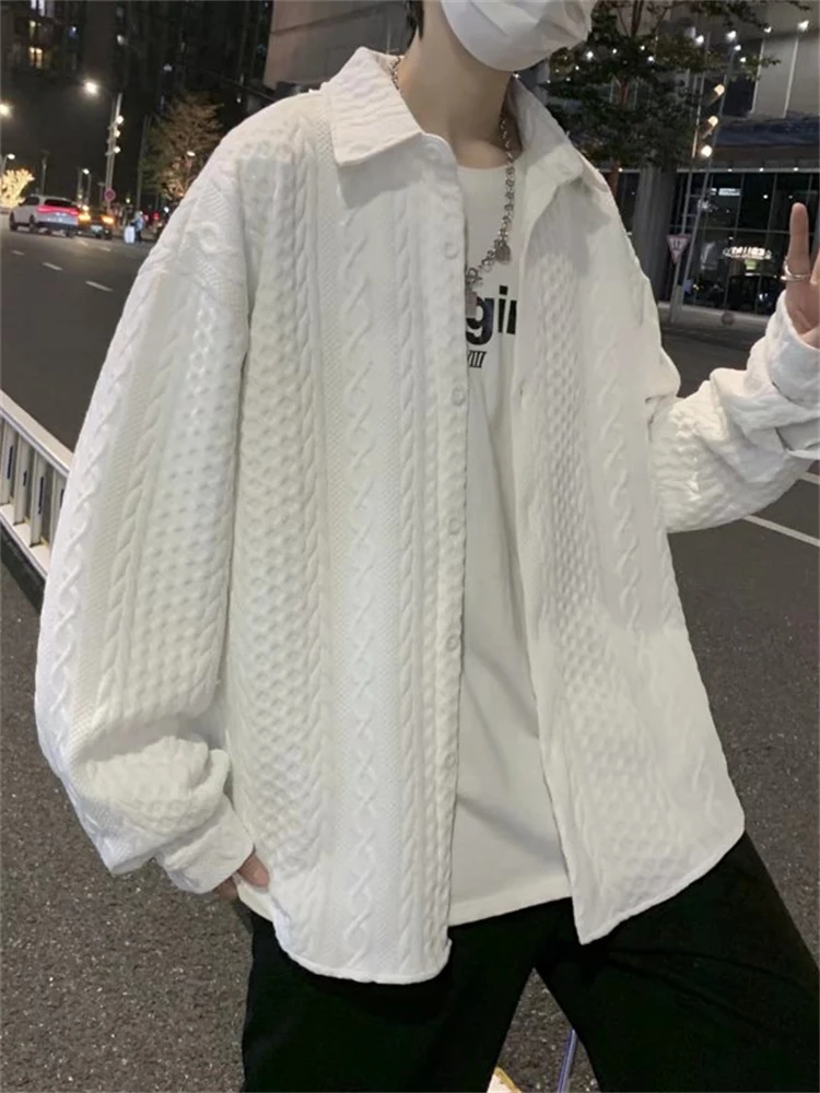 Loose Long Sleeve Men's Shirt Casual Hong Kong Style Fashionable Outerwear Pure Color Stand Collar Youth Trend Autumn Wear