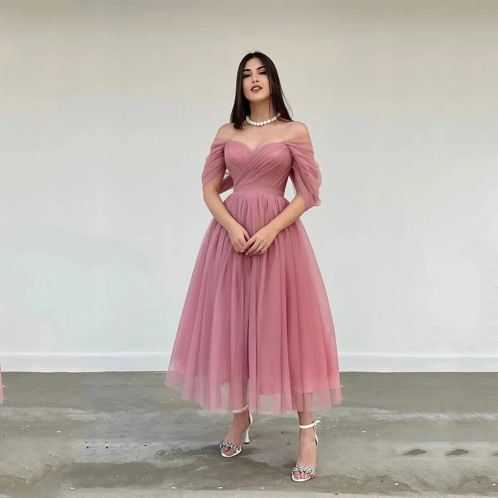 

Customized Formal Tulle Criss-Cross Bow Pleat A-line Off-the-shoulder Long Dresses Bespoke Occasion Dresses Modern Style Fashion