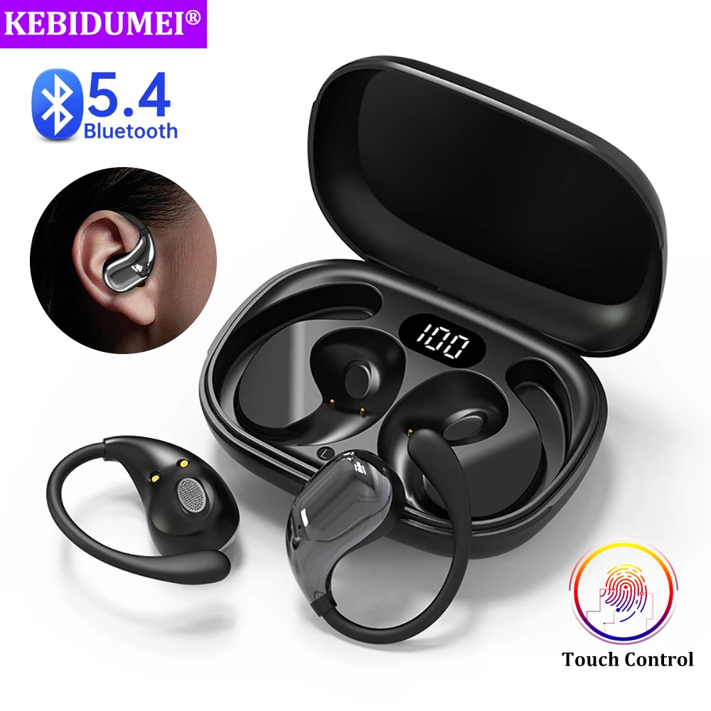 bluetooth 5.4 ear hook headphones tws wireless earphones hifi stereo waterproof headsets led display long standby touch earbuds
