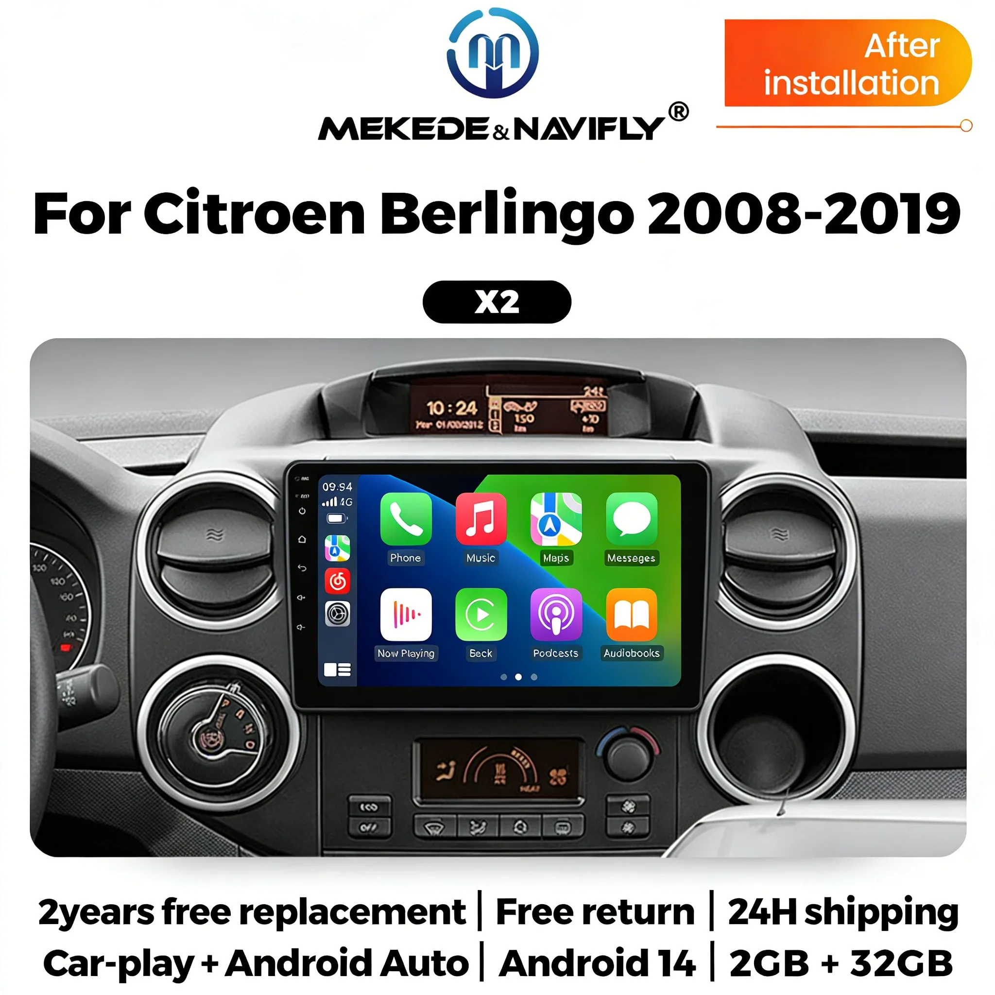 

Новое автомобильное радио 2026 года с Android 14 и экраном для Citroen Berlingo B9, Peugeot Partner 2008-2019, Carplay, стерео, видеоплеер, GPS, RDS