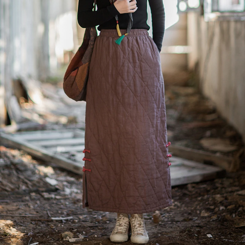 厚手の暖かい綿麻カジュアルスカート レディース 新作 2025 秋 ヴィンテージスタイル 無地 女性用 キルティングロングスカート M2076