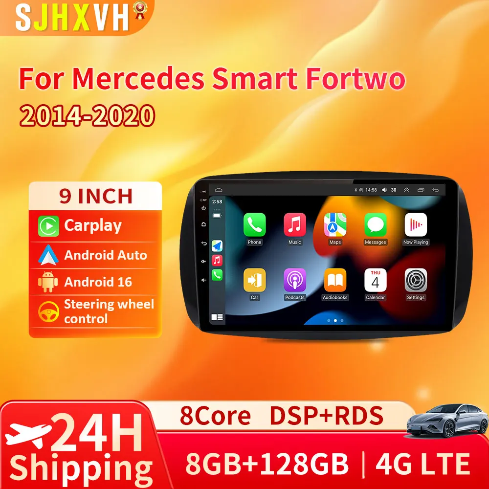 Android 16 para mercedes smart 453 fortwo 2014 - 2020 autoradio reprodutor multimídia qled 1280*720 tela carplay rádio do carro 2din dvd