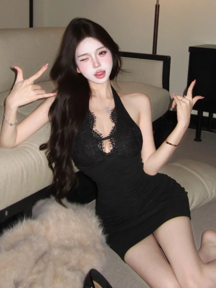 Black Sequin Backless Neck Hanging Dress Women's Winter Body Shape Pure Desire Short Skirt Korean Style Slim Fit Casual Spring view 5