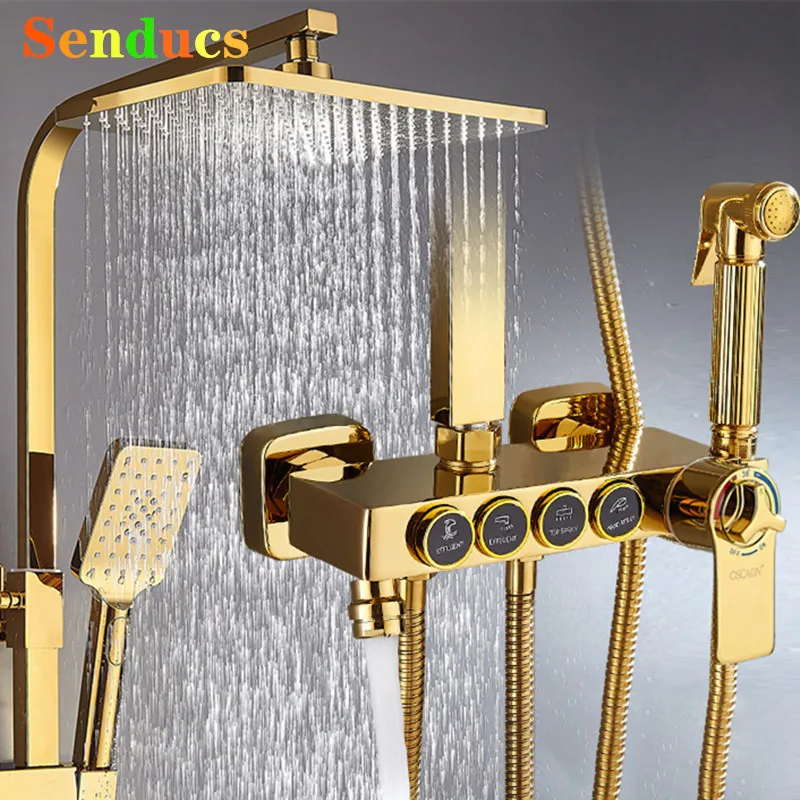 

Thermostatic Bathroom Shower System Sprikler Senducs Hot Cold Bathroom Faucet Accessories Hot Cold Gold Bathroom Shower Set