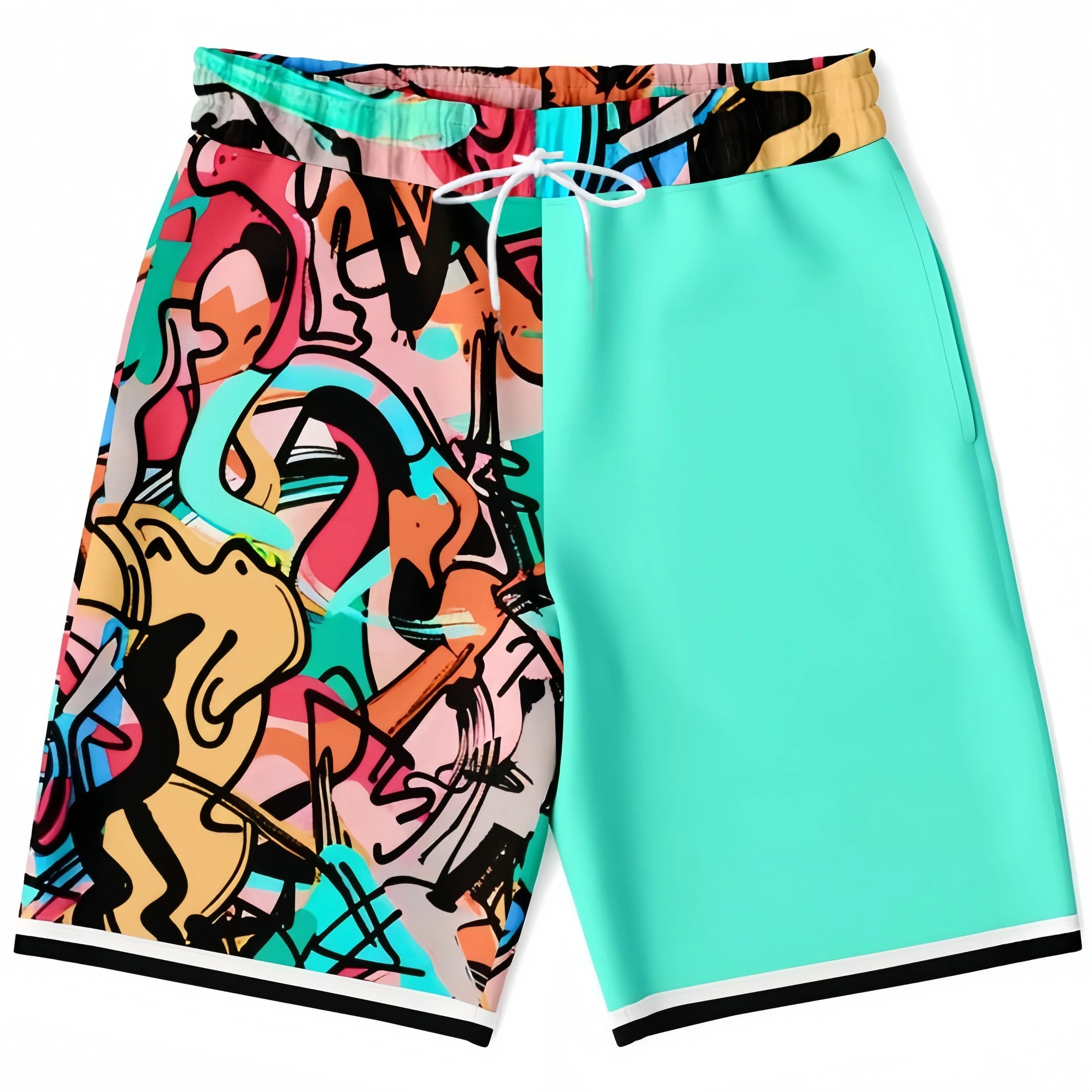2026 New Summer Autumn Men's Hip-hop Asymmetrical Contrasting Graffiti Art Print Mesh Quick Drying Casual Sports Pocket Shorts