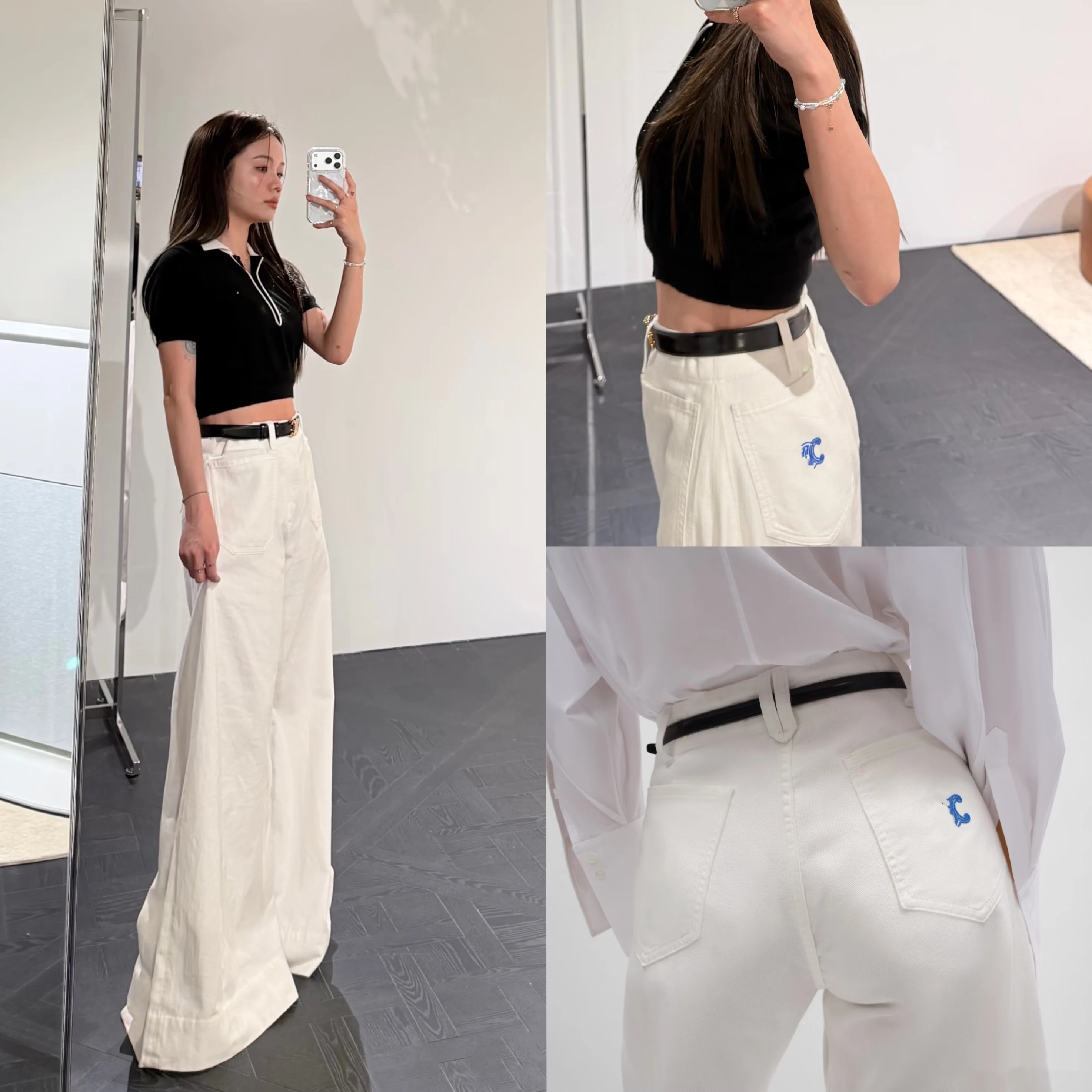 

Summer Wear South Oil Silk Wide Leg Pants High Waist Zipper Closure Machine Embroidery Show Style Thin Trousers for Women