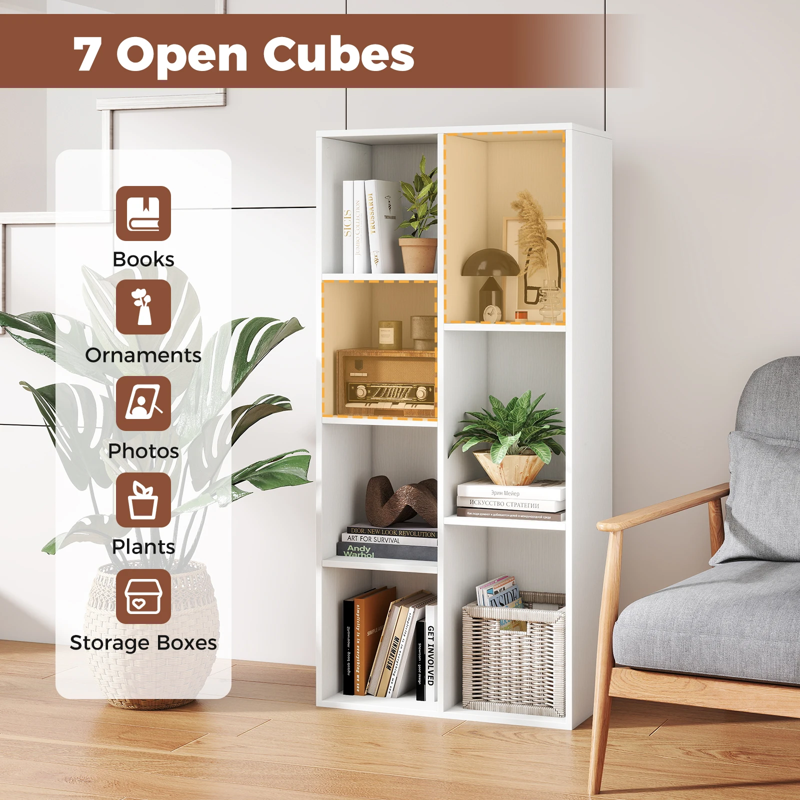 7-Cube Bookcase, Vertical or Horizontal Freestanding Bookshelf w/ 7 Compartments image 5
