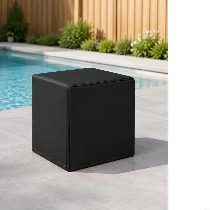 Fabric Pool Filter Pump Cover with a Fastened Opening for Installation Around Attached Hoses, a Tightening Lower Cord, and B03E