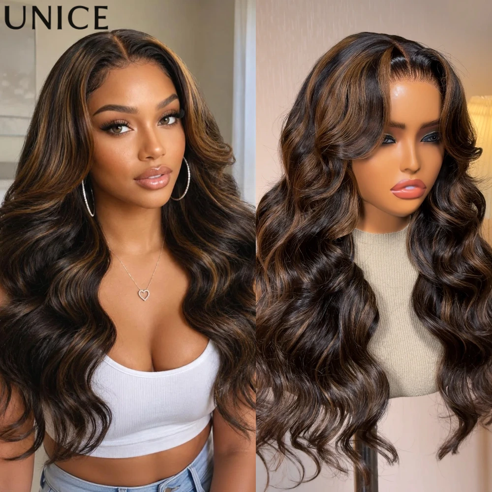 UNICE Bye-Bye Slip 7X5 Lace Gloden Brown Highlights Body Wave & Water Wave Glueless Human Hair Wig With Drawstring 150% Density