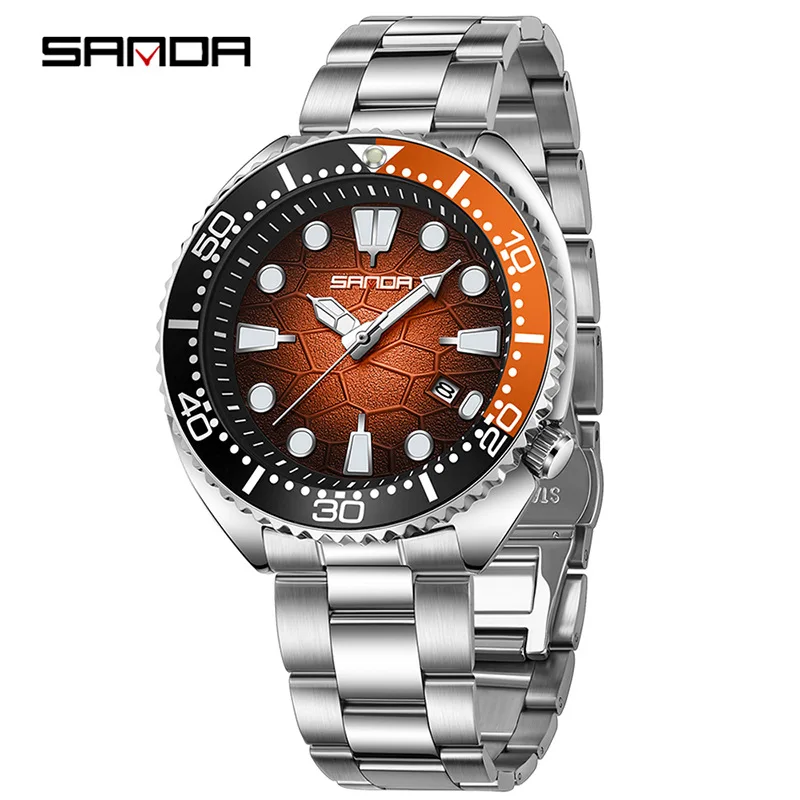 

Мужские спортивные деловые часы Sanda 42 мм со стальным резиновым ремнем, светящиеся водонепроницаемые кварцевые часы 30 м, модный вращающийся безель, треснутый циферблат