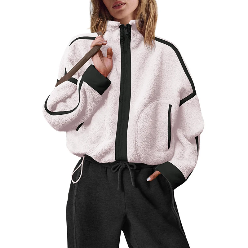 Women's Stand Collar Sherpa Fleece Jacket Zip Up Color Block Fuzzy Coat Casual Sports Outdoor Loose Fit Outerwear
