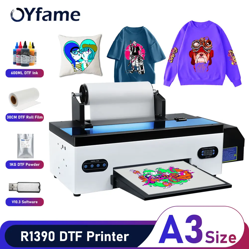 

OYfame A3 DTF Transfer Printer with DTF Roll Feeder Direct to Film Print R1390 DTF Printer for Dark and Light t shirt printing