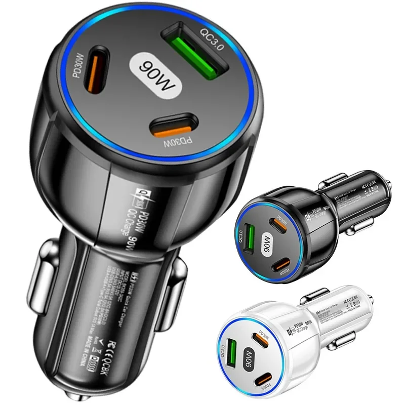 Auto 90W 3-in-1 Ladegerät QC3.0 PD Typ C USB Handy Schnellladung für IPhone Xiaomi Samsung Auto Schnellladegerät Adapter