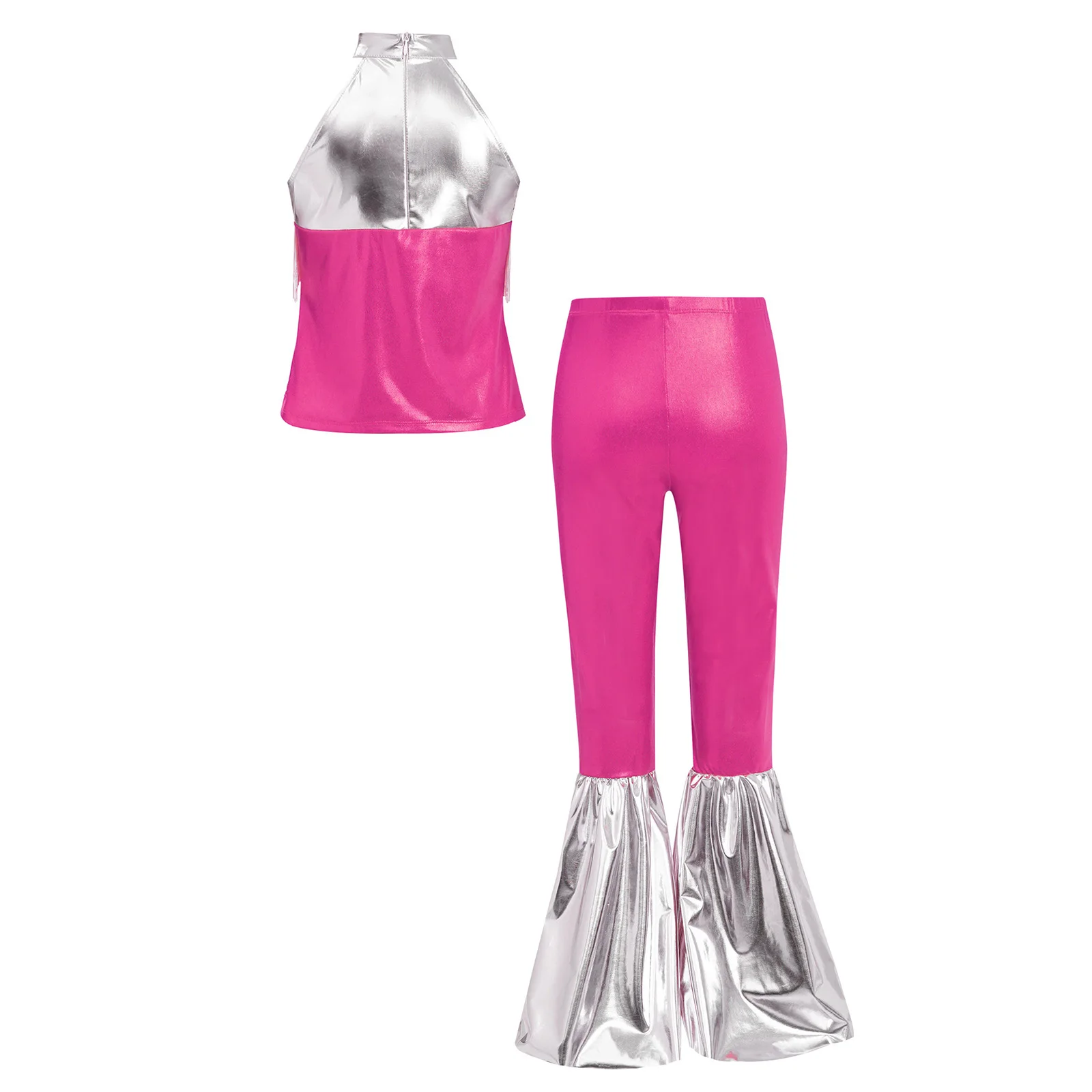 ชุดดิสโก้เด็กผู้หญิง ชุดคอสเพลย์ฮิปปี้ ชุดแสดง ชุดแต่งกายประดับเลื่อมเมทัลลิก เสื้อครอปท็อปพร้อมกางเกงขาบาน สำหรับแต่งตัวสไตล์ยุค 70