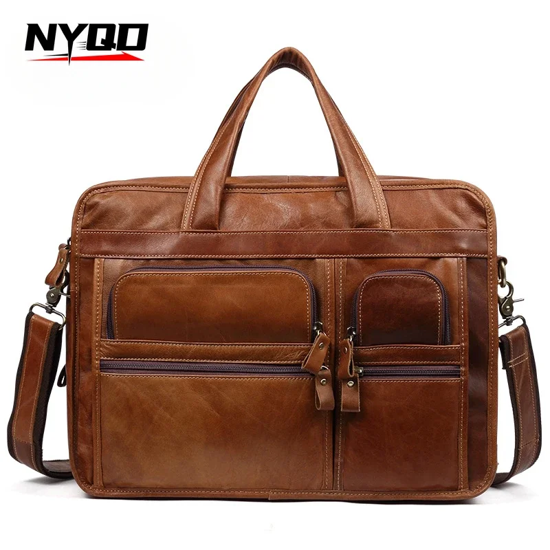 Retro Leather Men Briefcase 15.6 Inch Business Laptop Handbag Cowhide Men's Travel Shoulder Crossbody Bags Maletin Cuero Hombre