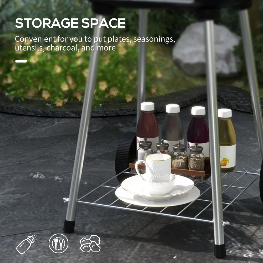 Outsunny Griglia a carbone portatile con ripiano inferiore Fumatore per barbecue con ruote Prese d'aria regolabili per picnic, campeggio, cucina in cortile