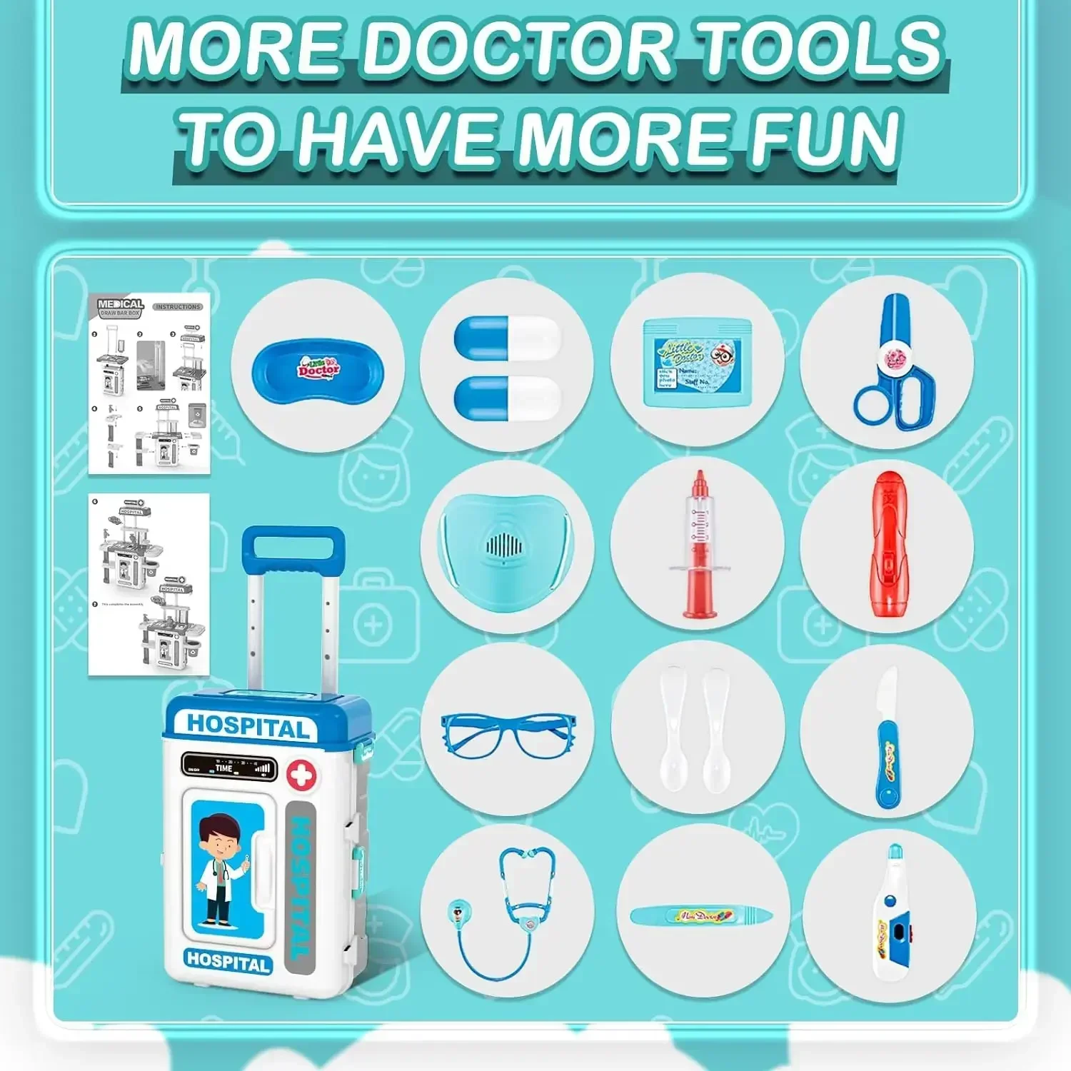 Kit de médecin 2 en 1 pour enfants, Station médicale de jeu de simulation avec stéthoscope, thermomètre, sons et lumières, jouets de médecin pour garçons et filles