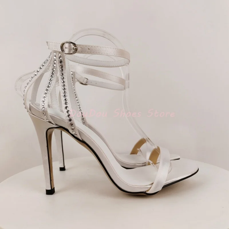 White Satin One Strap Back Rhinestone Decor Sandals Women Open Round Toe Thin High Heels Fashion Elegant Party Wedding Shoes New