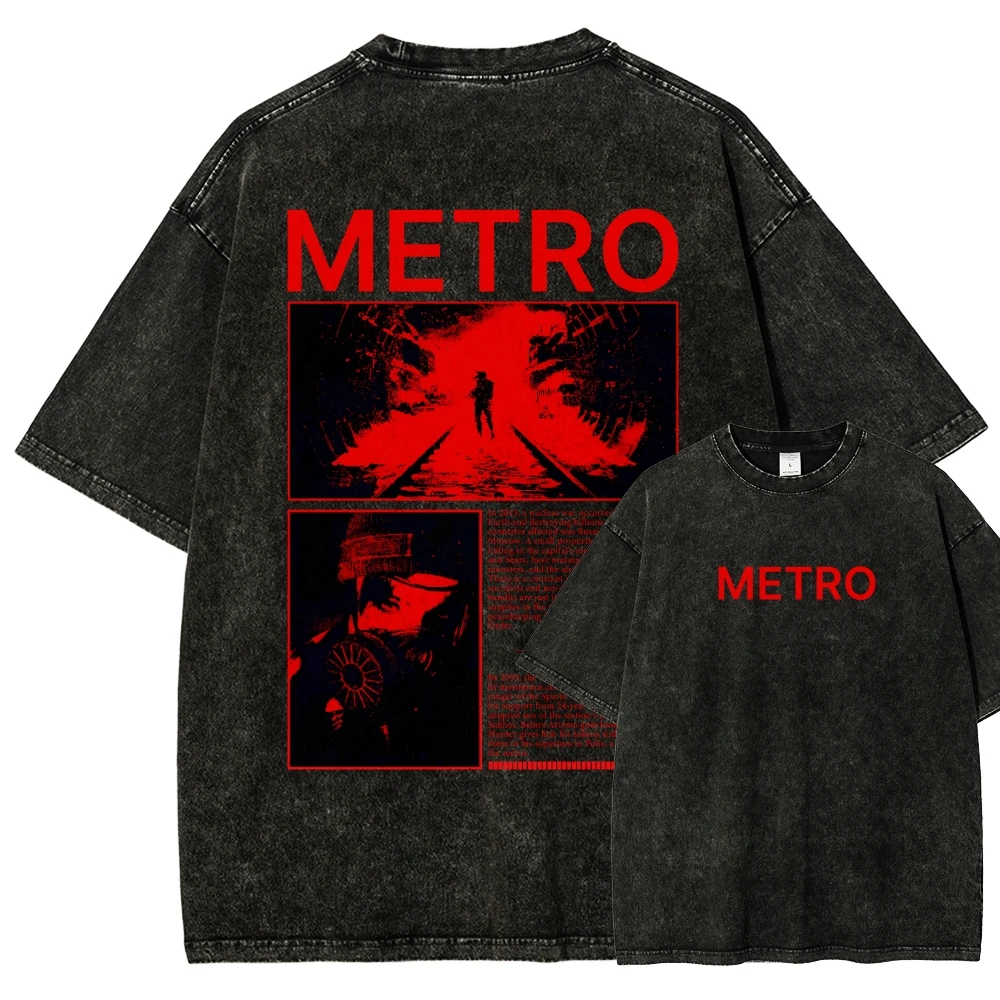 Manga Metro Print Washed T-shirt Streetwear Trendy Cotton Oversized Unisex Retro Fashion Vintage Loose Y2k Short Sleeves Couples