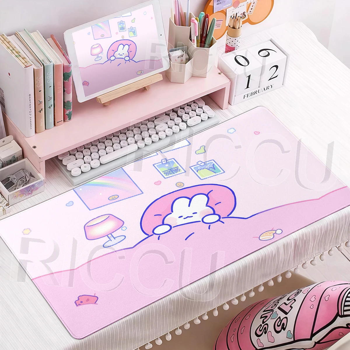 Pink Mouse Pad Cute Rabbit Deskpad Desk Decort Office Accessories PC LockEdge Rubber Carpet Gamer Keyboard Tablepad Extended Mat