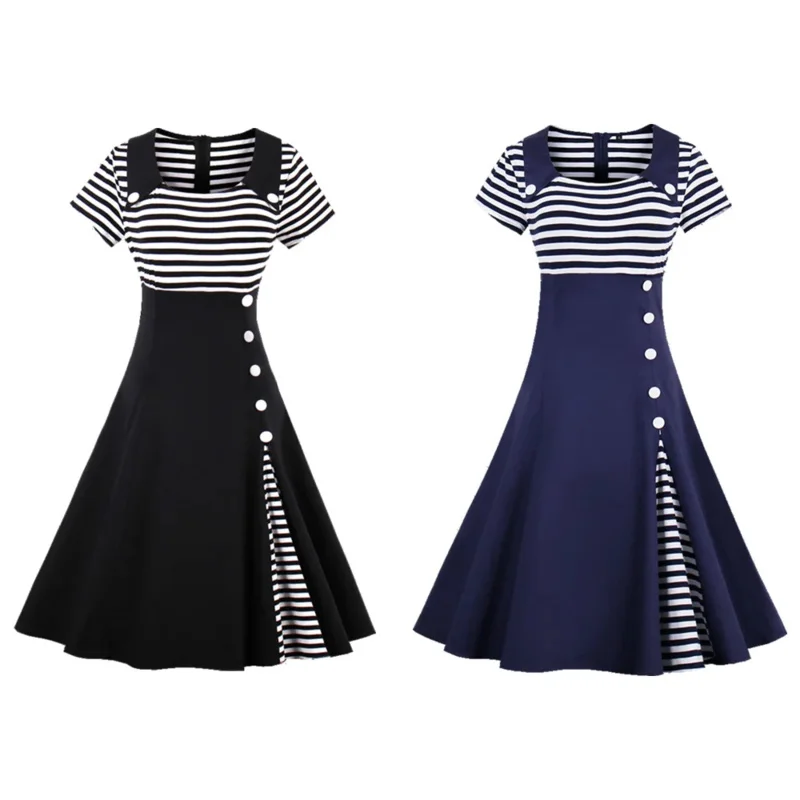 Women vintage striped dress retro rockabilly 2023 sailor dress cocktail party 1950s 40s swing dress summer dress short sleeves