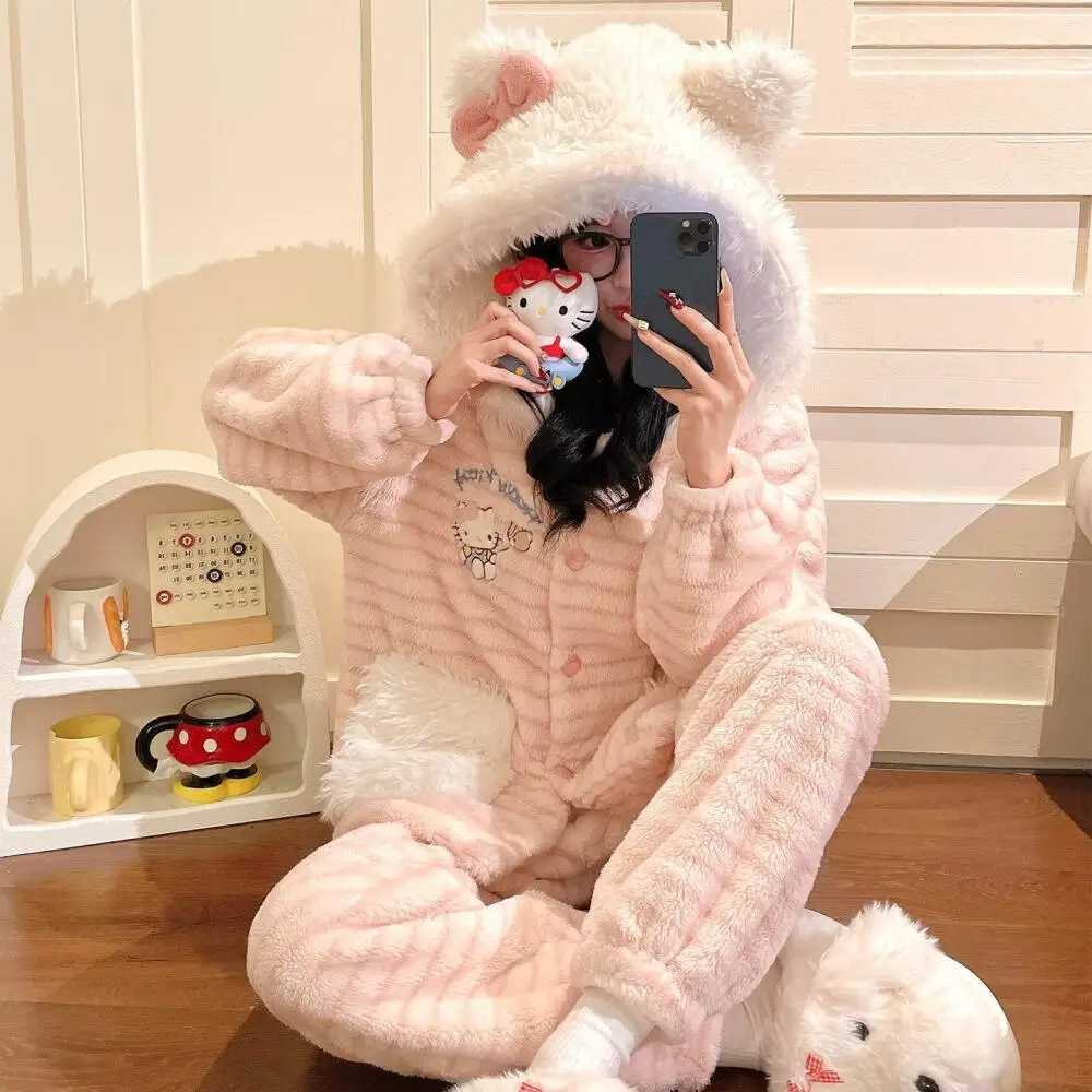 

Sanrio Hello Kitty, корейская версия, милая одежда для сна из кораллового флиса с капюшоном для девочек, толстый кардиган в розовую полоску, комплект домашней одежды из двух предметов