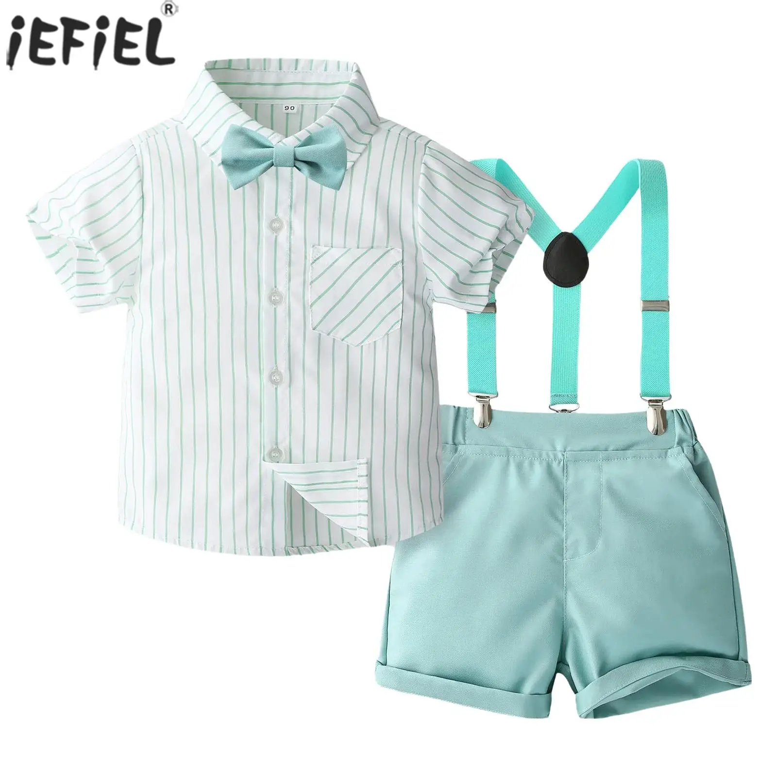 

Baby Boys Summer Clothes Gentleman Suit Birthday Party Wedding Outfit Short Sleeve Striped Shirt with Bowtie Suspender Shorts