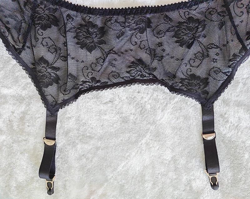 Elegante lencería de encaje negro completo con bordado liso hueco, tirantes anchos ajustables, clips metálicos para liguero, ...