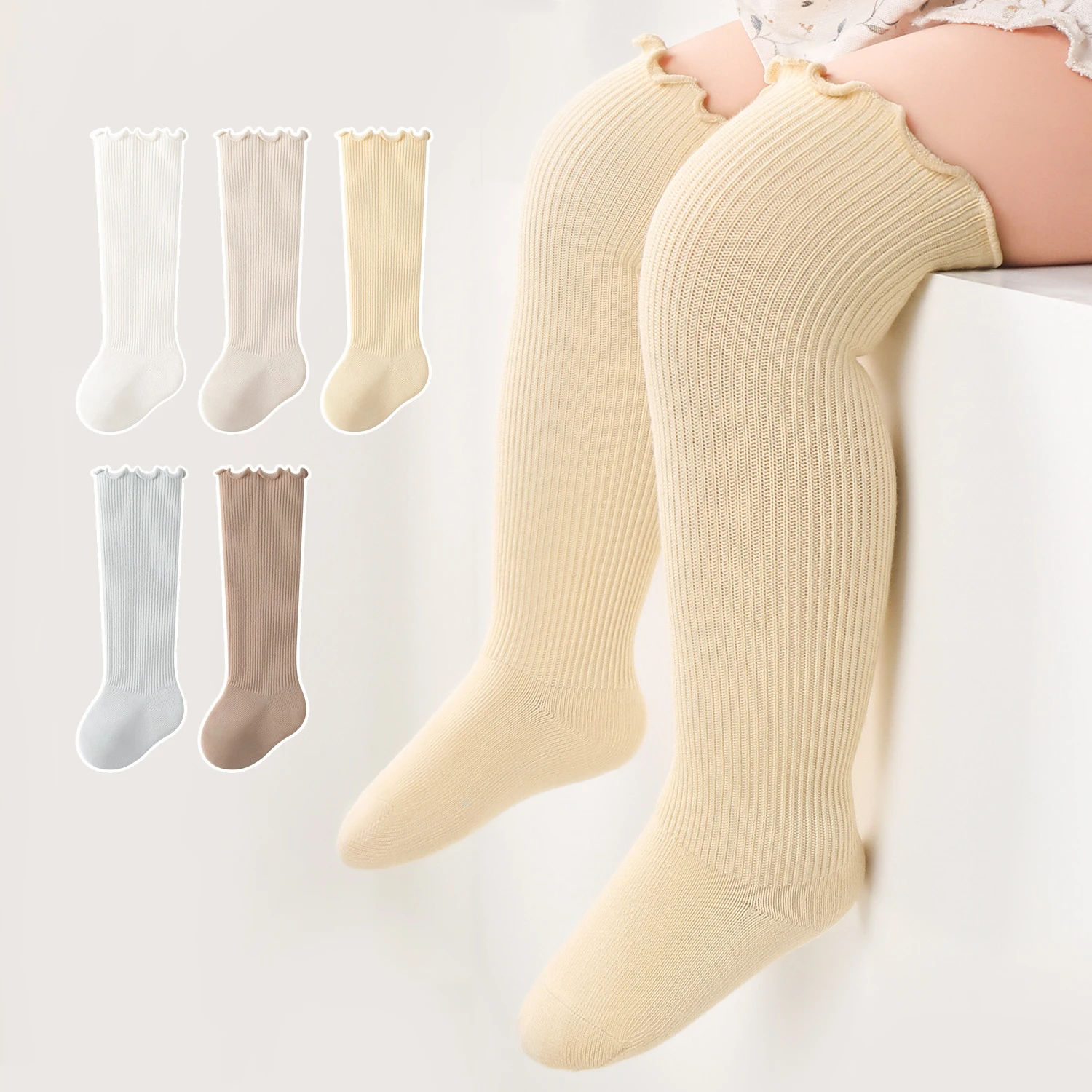 

Детские носки-гольфы однотонные с кружевной отделкой для новорожденных, высокие носки до колена