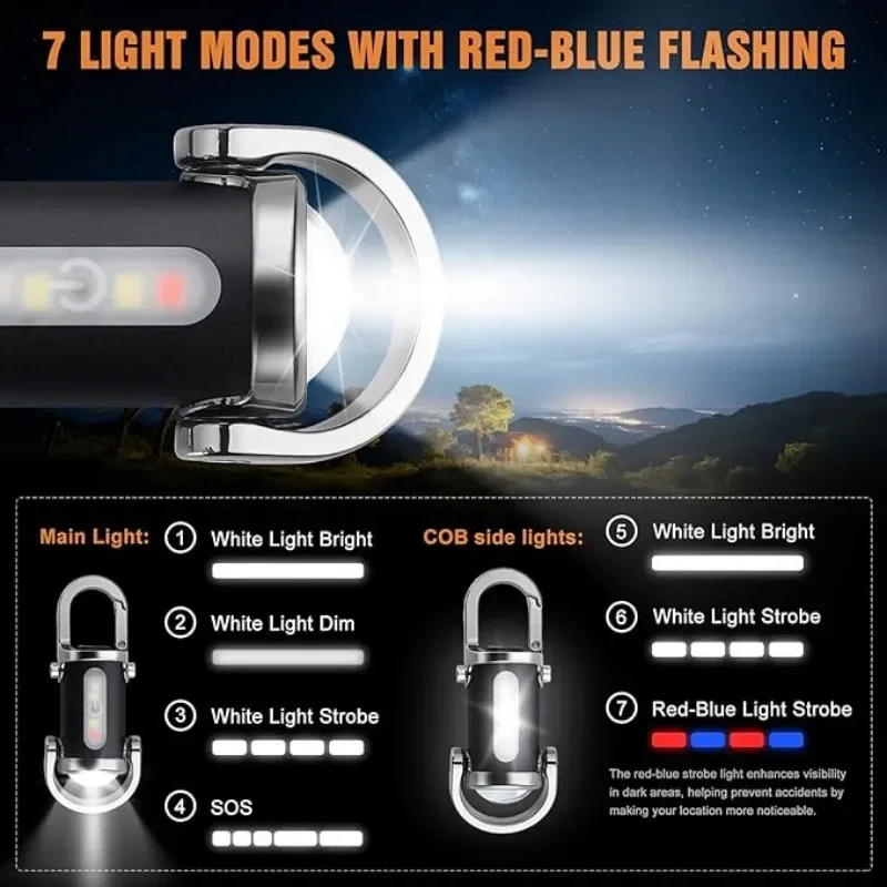 Rechargeable Keychain Flashlights 800 Lumens EDC COB Work Light 7 Modes Emergency Keychain Light for Walking Searching Hiking
