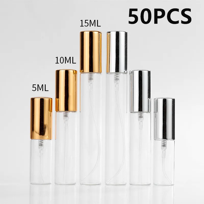 50PCS 5ml 10ml 15ml Portable Mini Perfume Bottle Spray Bottle Cosmetic Sample Glass Bottle Empty Container Refillable Bottle 2#