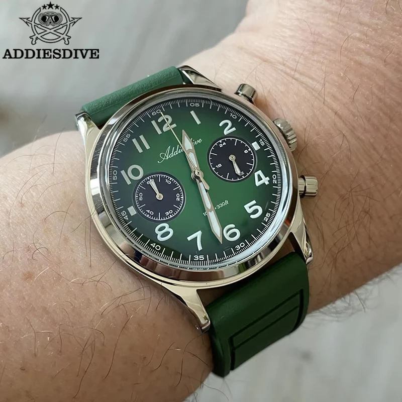 ADDIESDIVE Watches New Chronograph VK64 Quartz Wristwatch Dome Glass Super Luminous 100m Waterproof Fluororubber Strap Man Watch